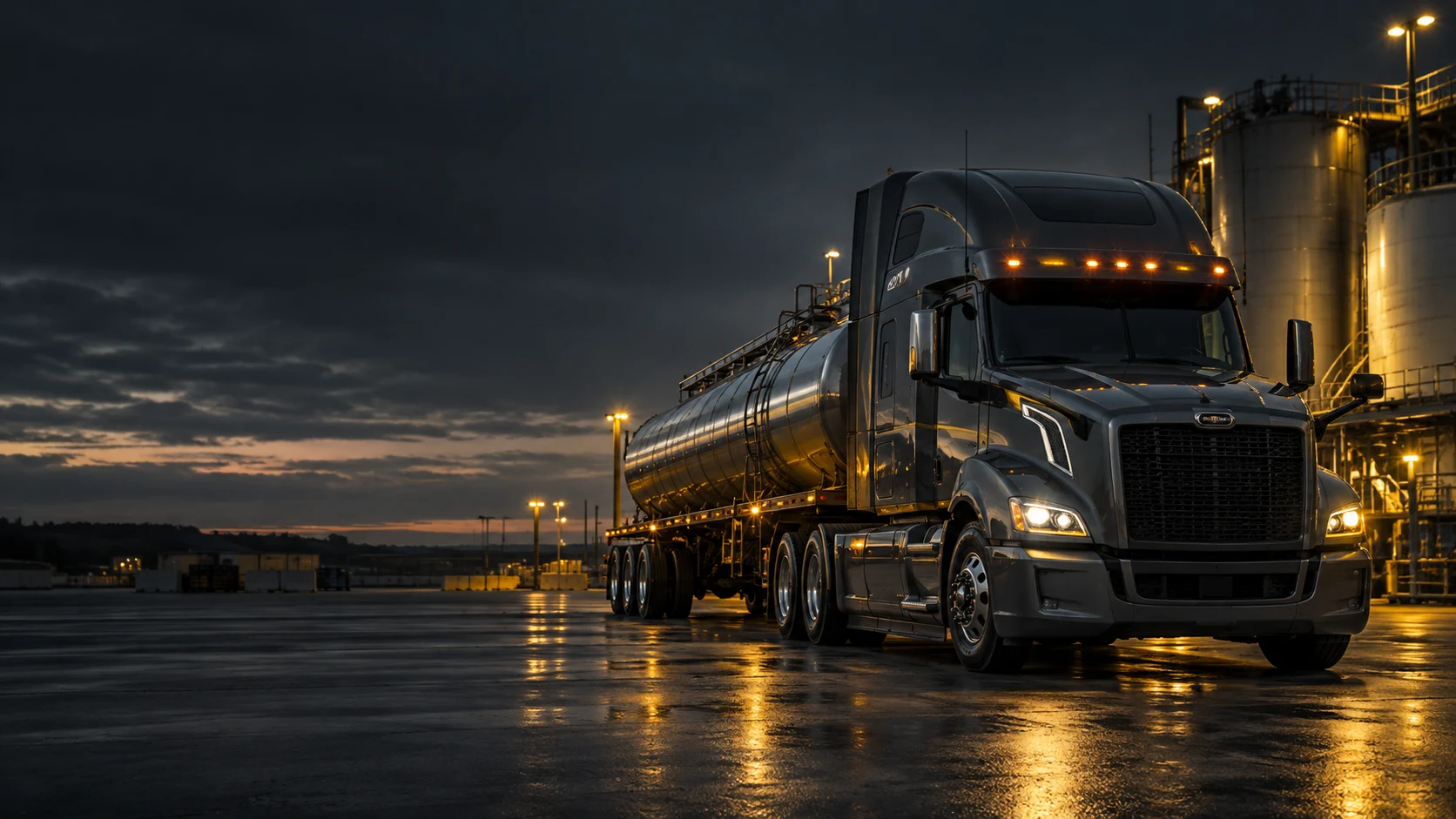 Heavy-duty truck ready for work in a logistics yard at dusk
